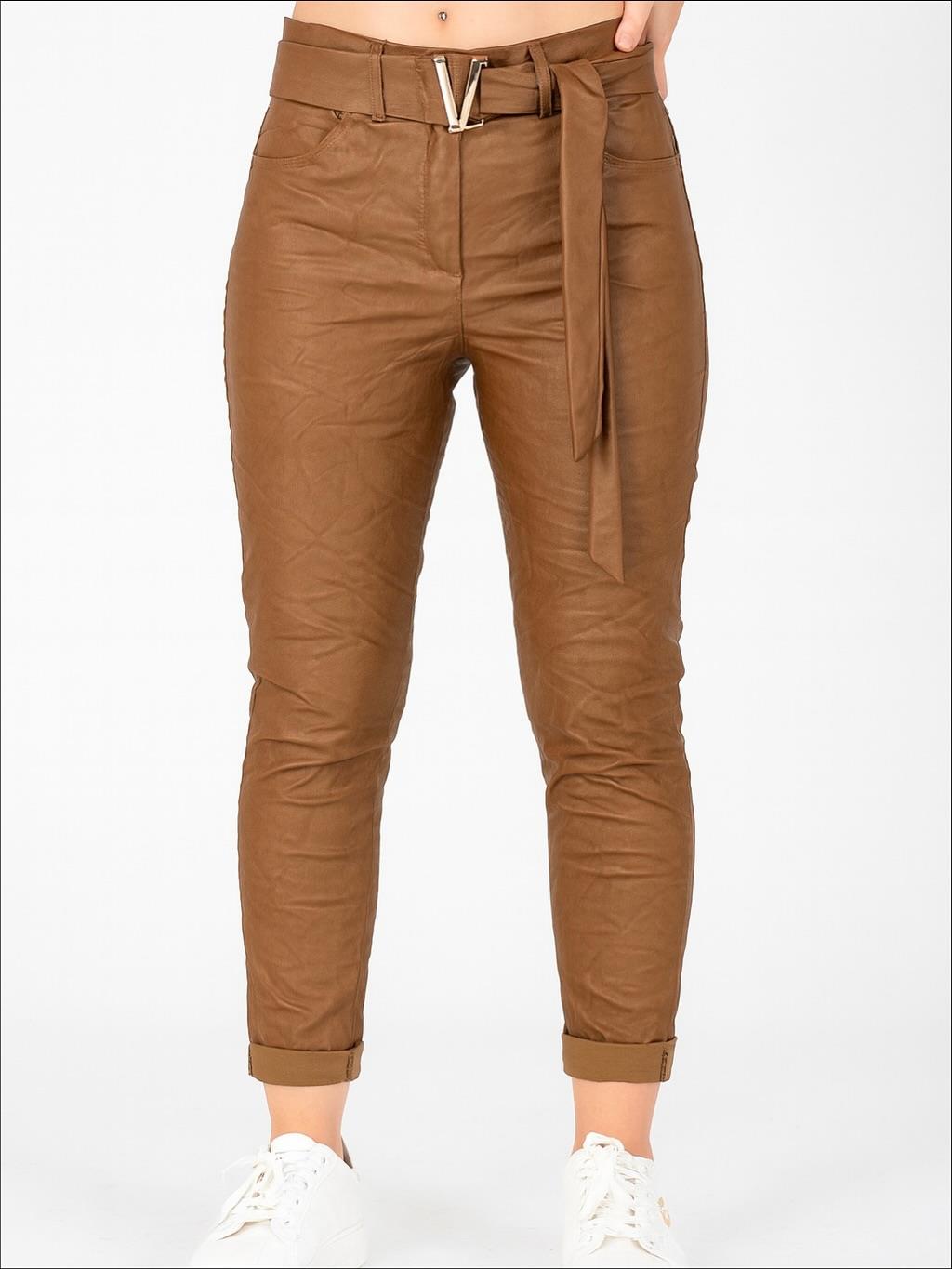 İtalyan Likralı Toka Detaylı Deri Pantolon - BAKIR