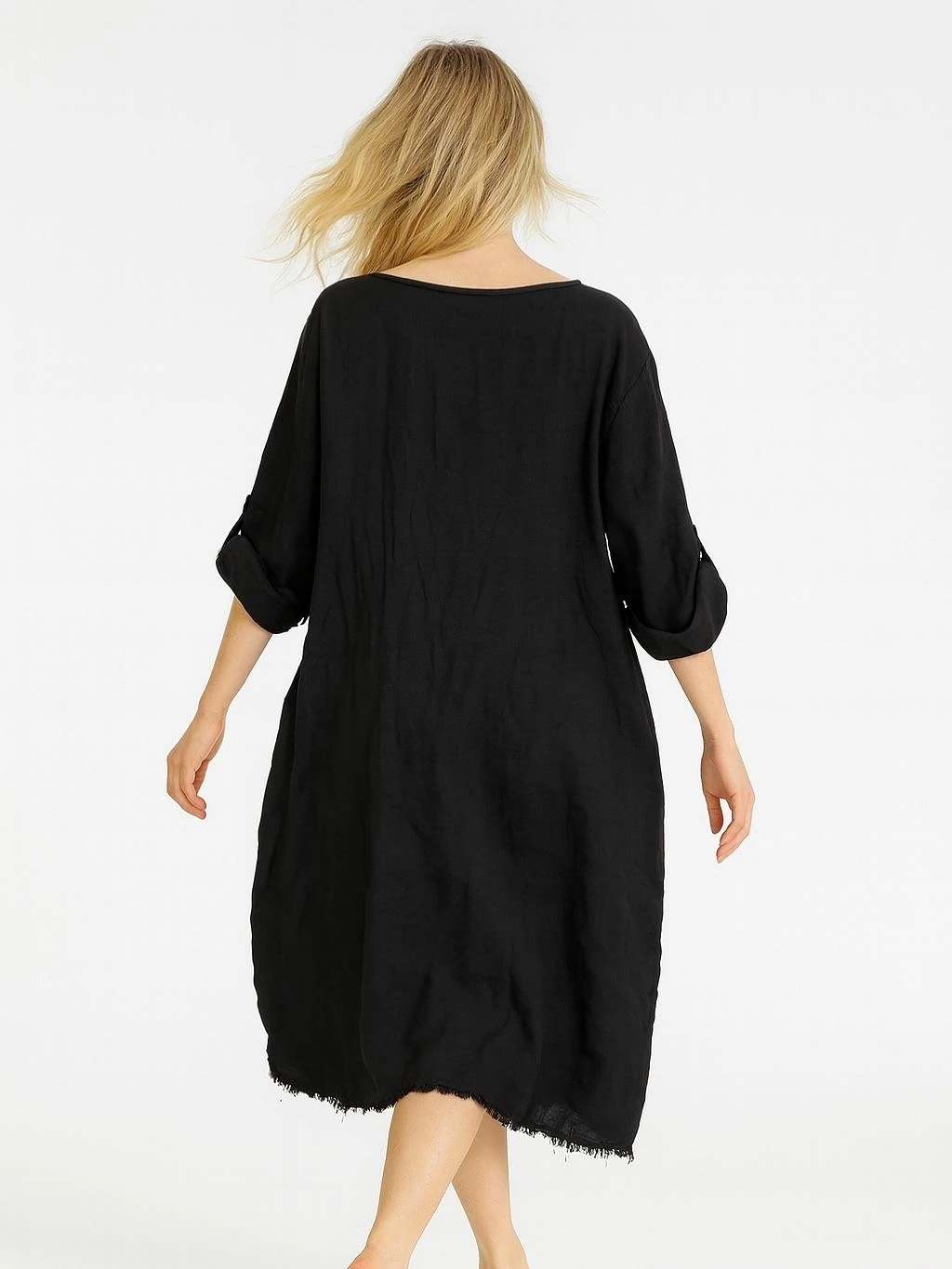 İtalyan Keten Dikiş Detaylı Elbise - SİYAH