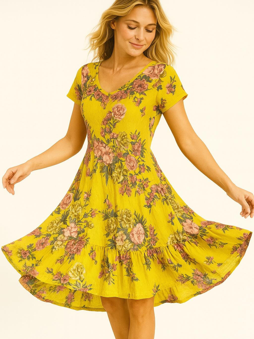 İtalyan Pamuk Keten Elbise - SARI