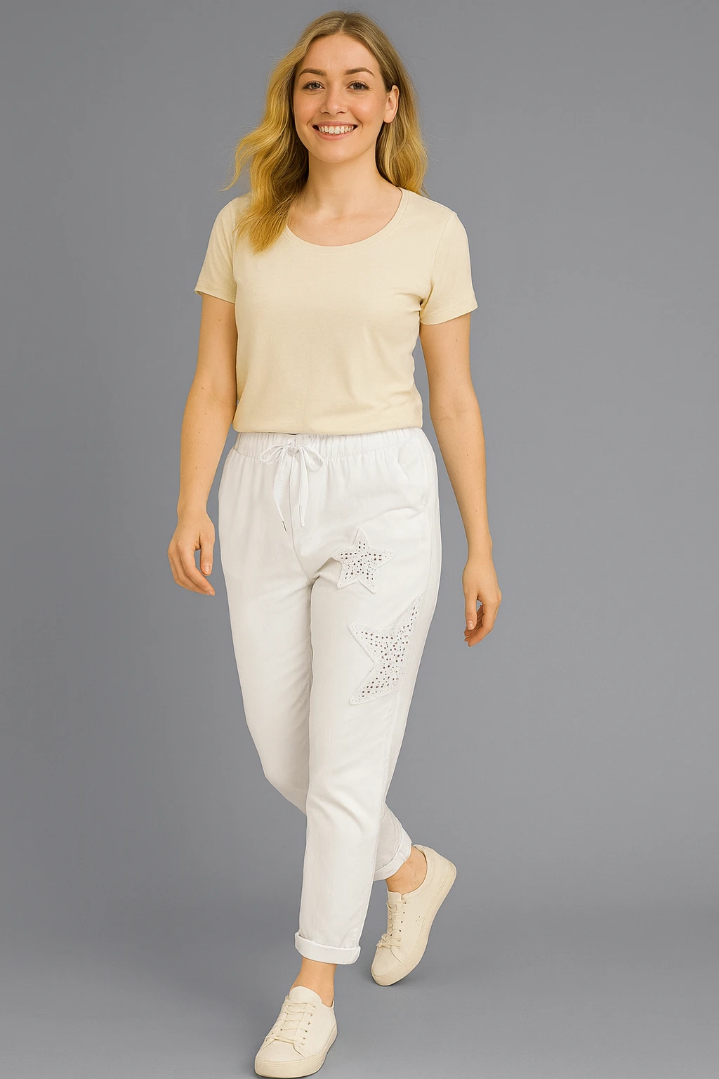 İtalyan Yıldız Detaylı Likralı Pantolon - BEYAZ