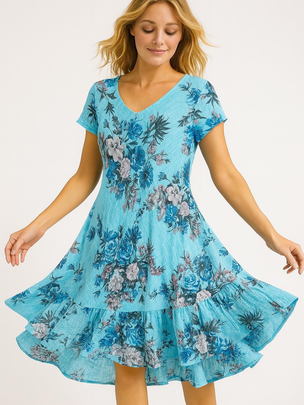 İtalyan Pamuk Keten Elbise - MAVİ