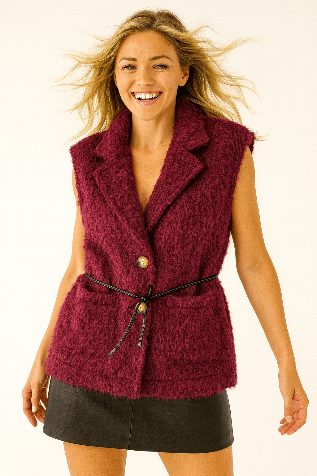 İtalyan Cep Detaylı Keçe Yelek - BORDO