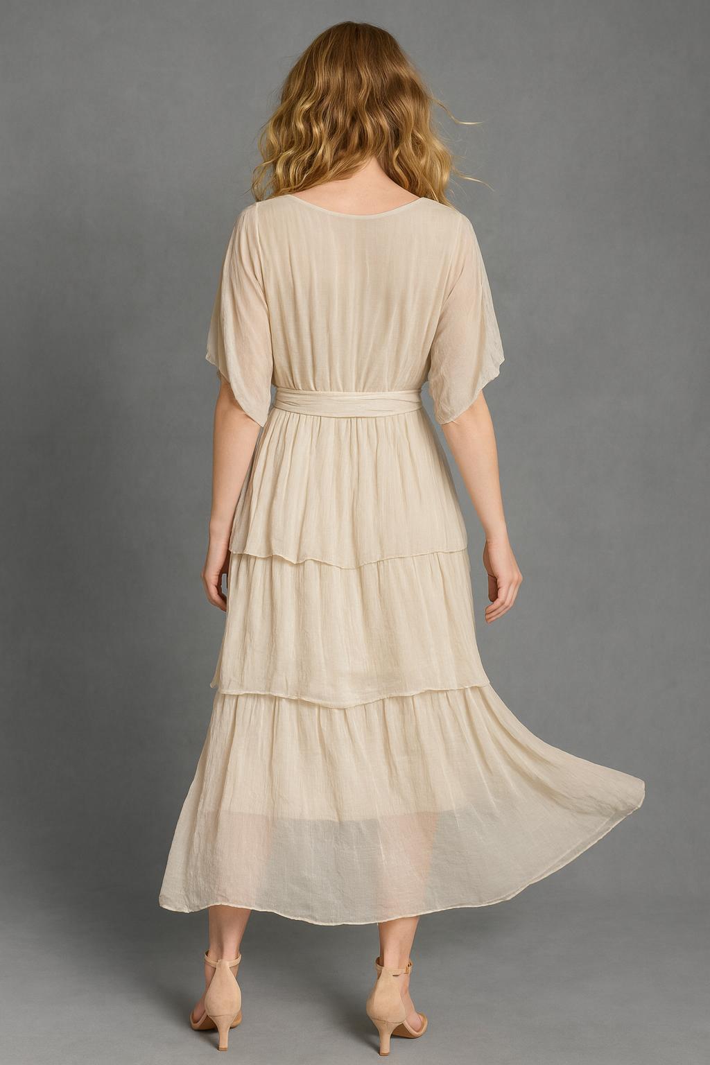 İtalyan İpek Belden Bağlamalı Elbise - BEJ