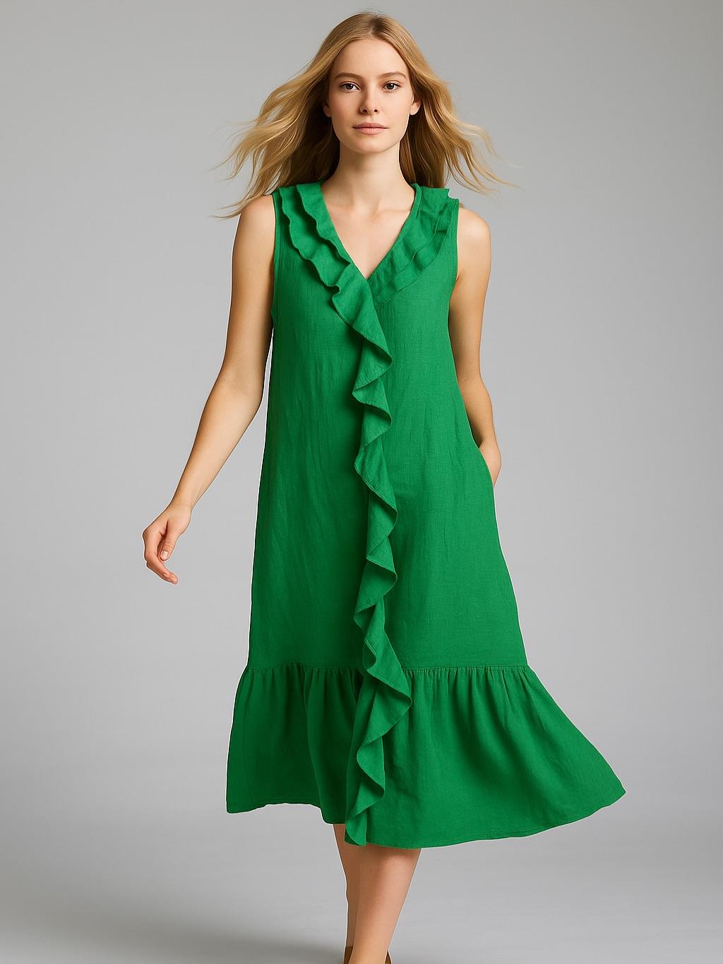 İtalyan Fırfır Detaylı Keten Elbise - YEŞİL