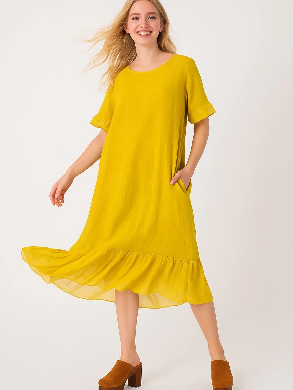 İtalyan Keten İpek Detaylı Elbise - SARI