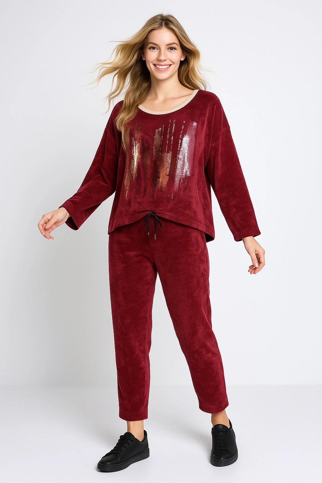 İtalyan Yuvarlak Yaka Kadife Takım - BORDO