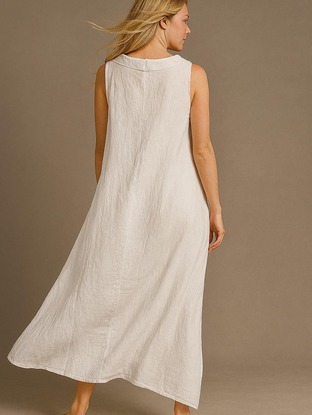 İtalyan Yaka Detaylı Keten Elbise - BEYAZ