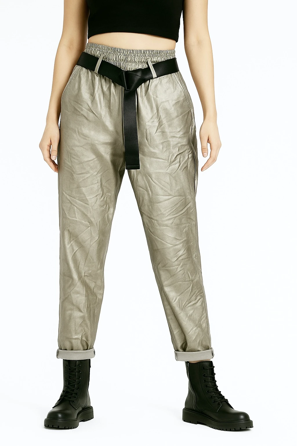 İtalyan Kemerli Deri Pantolon - GÜMÜŞ