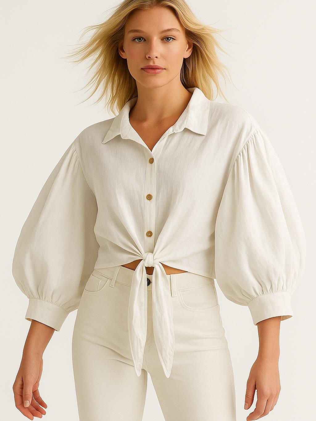 İtalyan  Özel Tasarım Keten Gömlek - BEYAZ