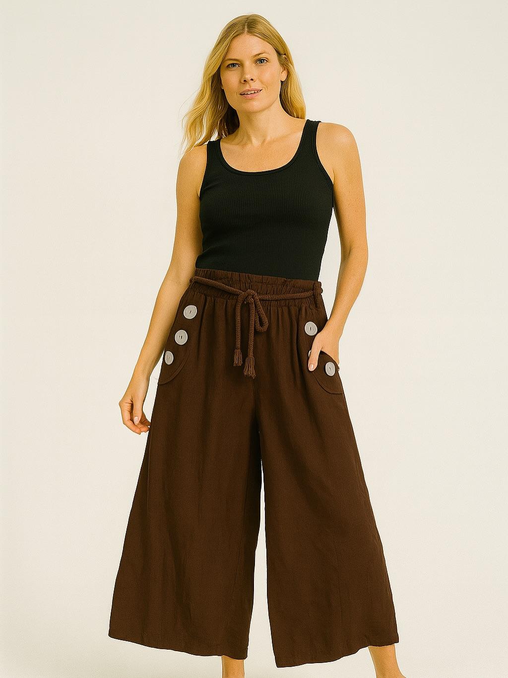 İtalyan Keten Geniş Paça Pantolon - KAHVERENGİ