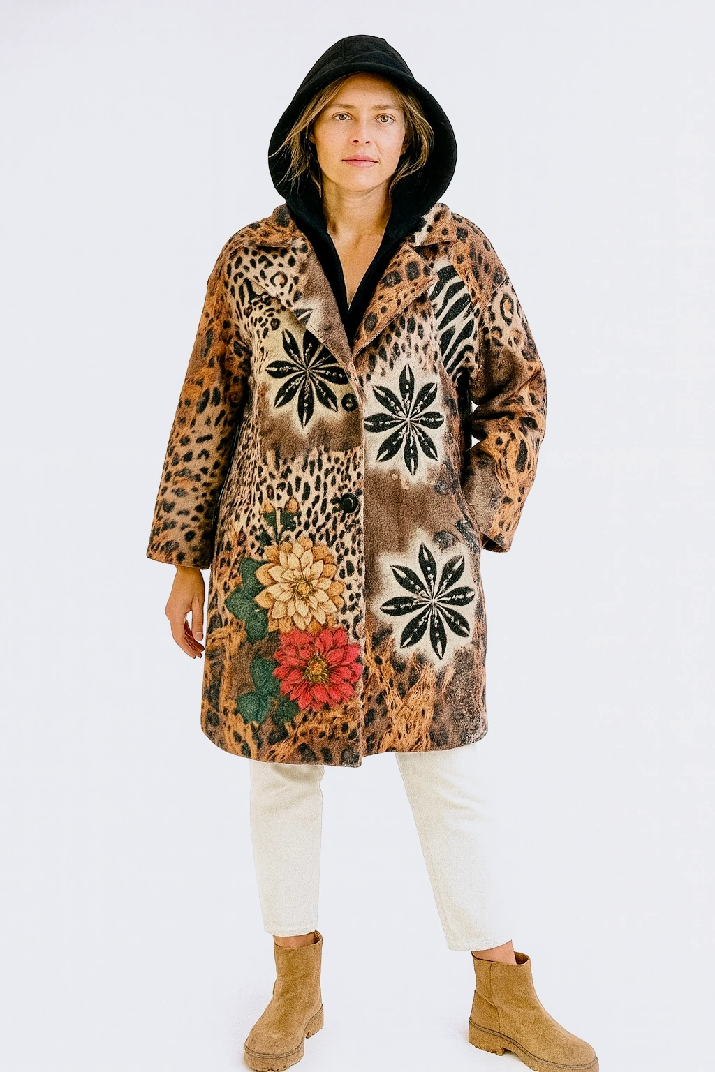 İtalyan Çiçek Desenli Kapüşonlu Keçe Kaban - KAHVE