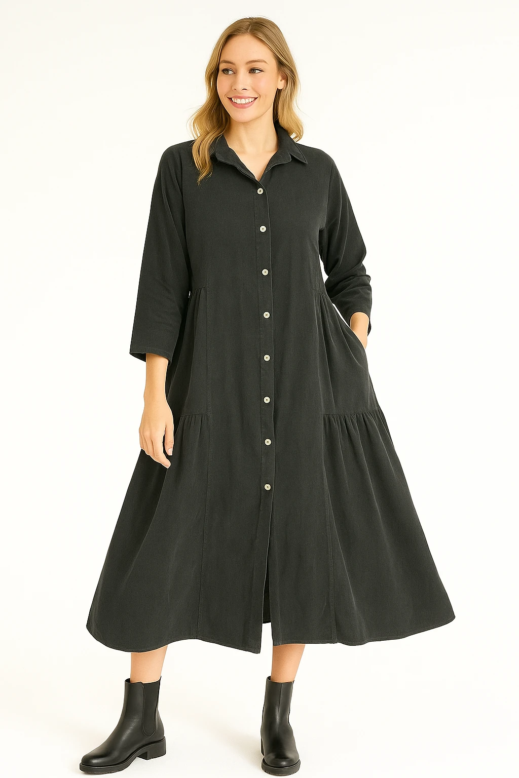 İtalyan Kadife Gömlek Elbise - SİYAH