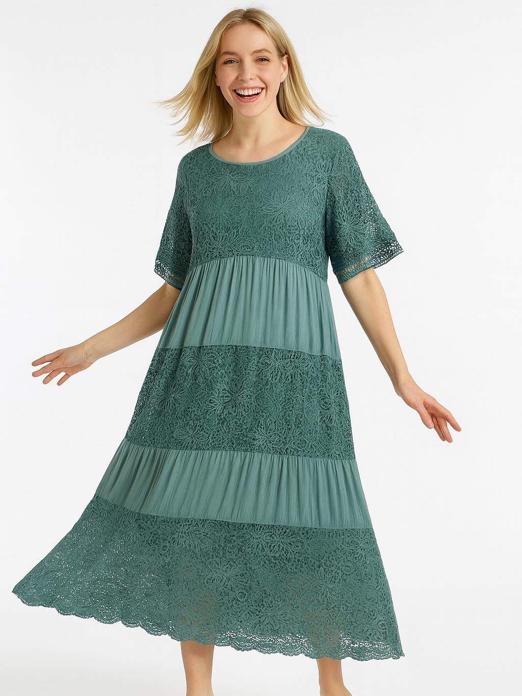İtalyan Dantel Elbise - PETROL YEŞİLİ