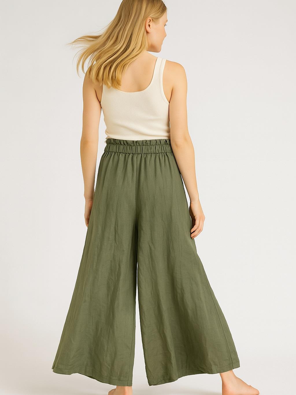 İtalyan Keten Geniş Paça Pantolon - HAKİ