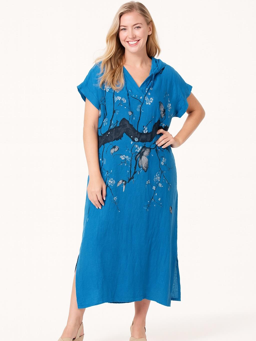 İtalyan Keten Kapüşon Detaylı Elbise - MAVİ