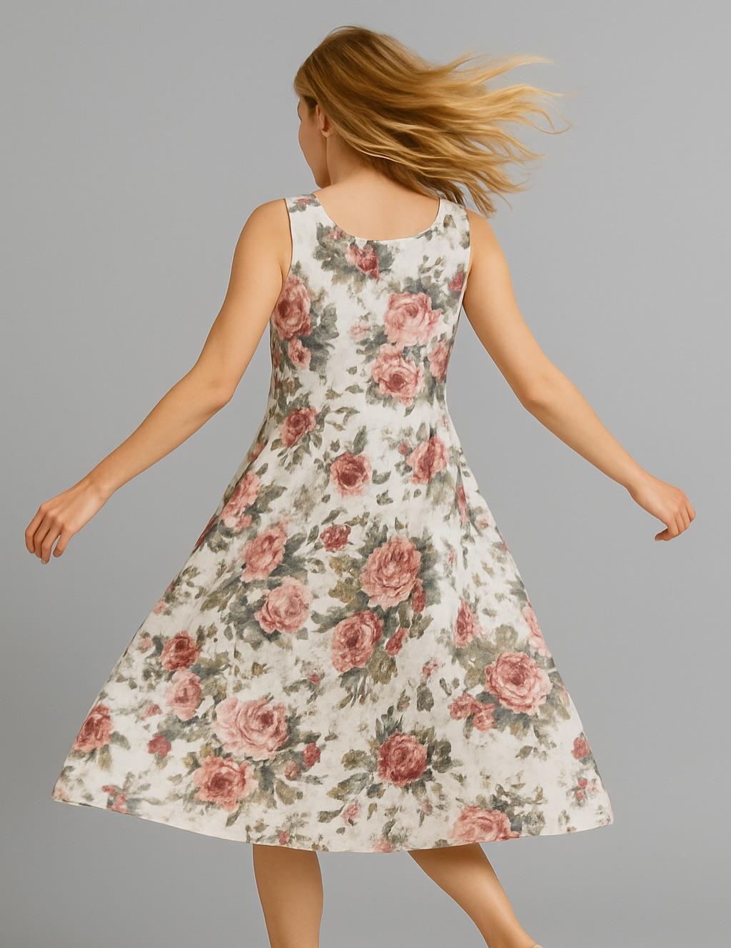 İtalyan Çiçek Desenli Keten Elbise - BEYAZ