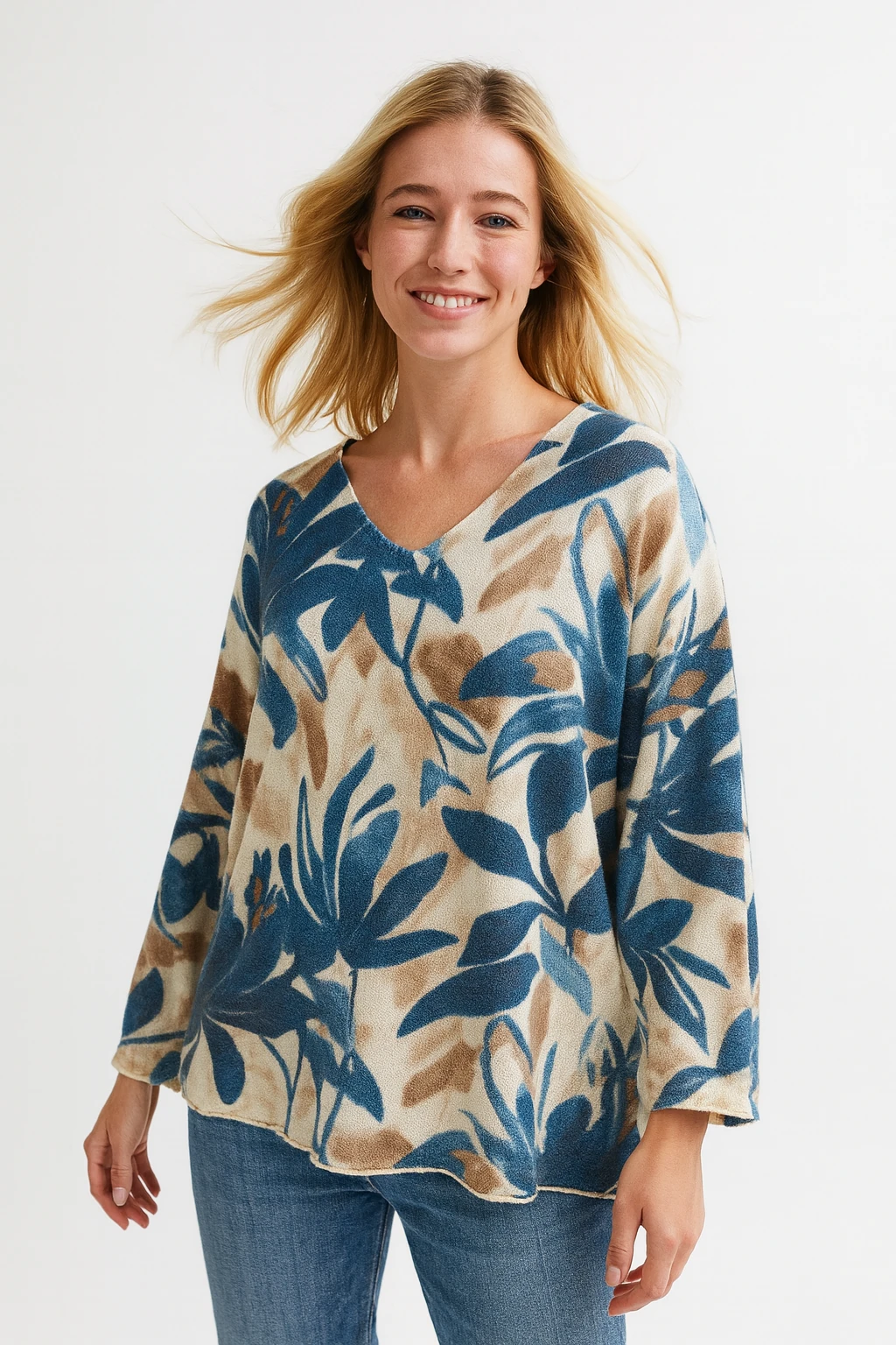 İtalyan Yaprak Desen Triko Bluz - MAVİ