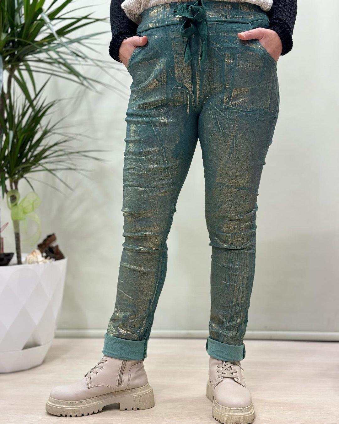 İtalyan Varak Baskılı Likralı Pantolon - SU YEŞİLİ