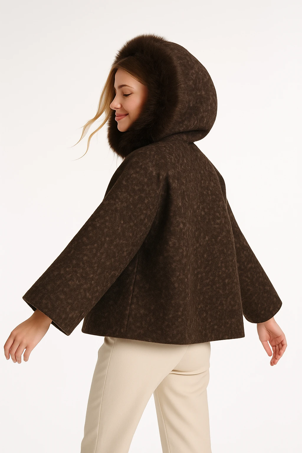 İtalyan Yaka Kürklü Kapüşonlu Keçe Ceket - KAHVERENGİ