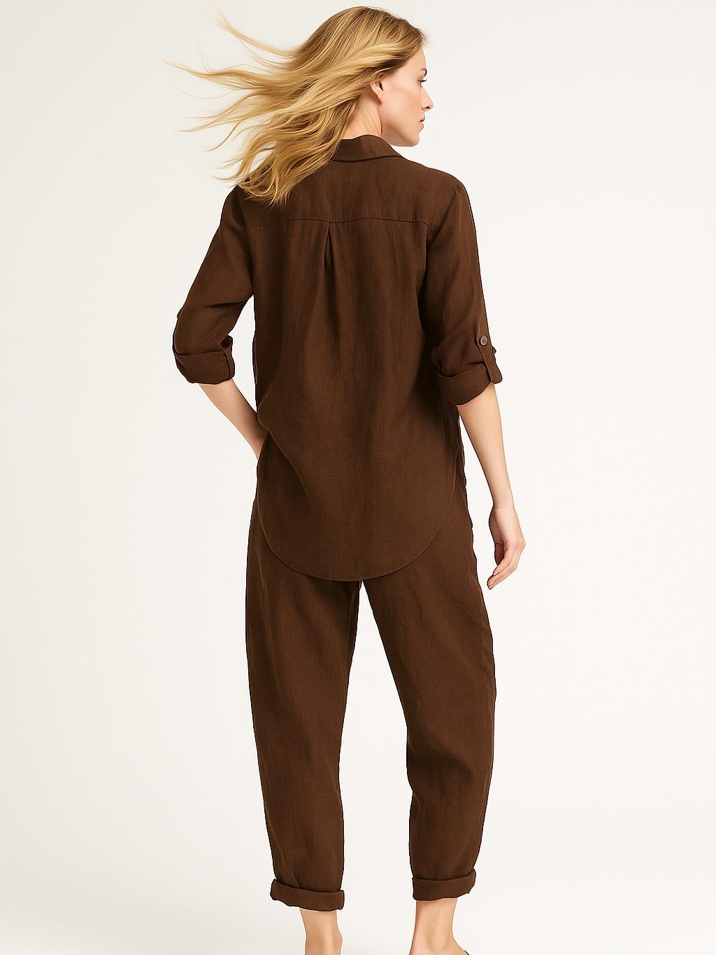İtalyan Önden Bağlamalı Keten Takım - KAHVERENGİ