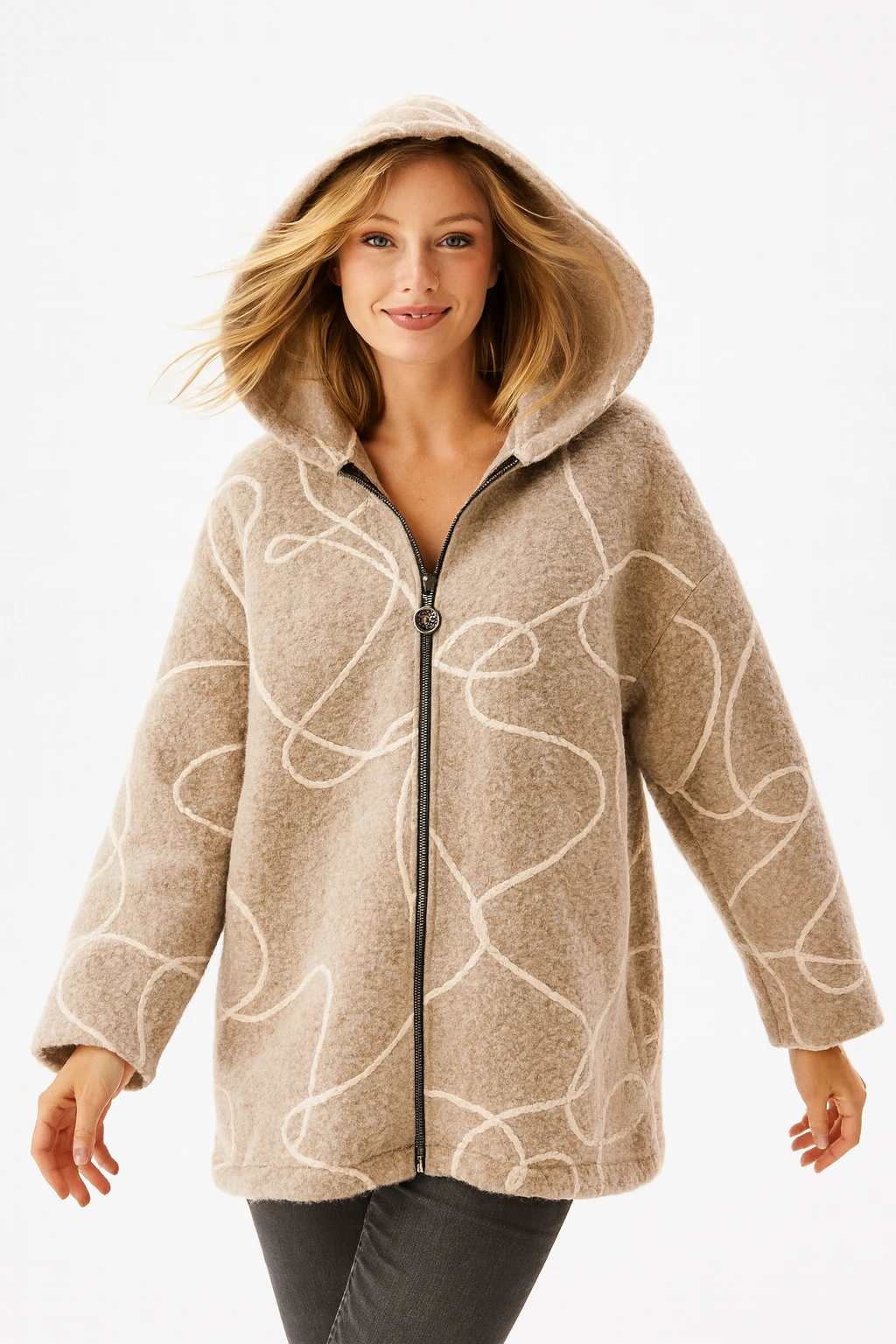 İtalyan Kapüşonlu Keçe Ceket - BEJ