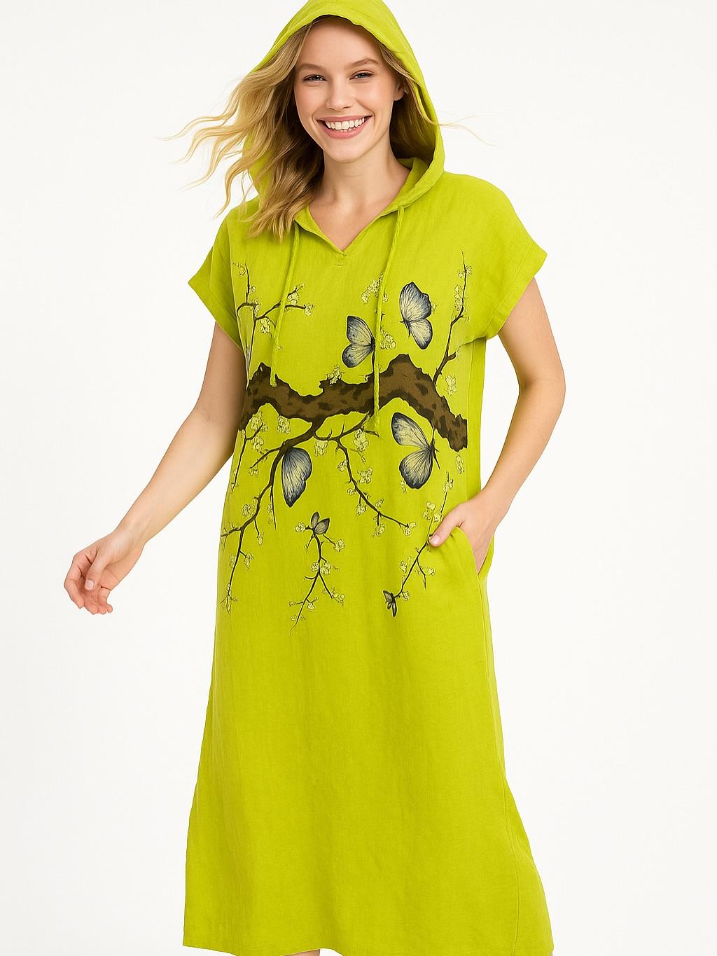 İtalyan Keten Kapüşon Detaylı Elbise - YEŞİL