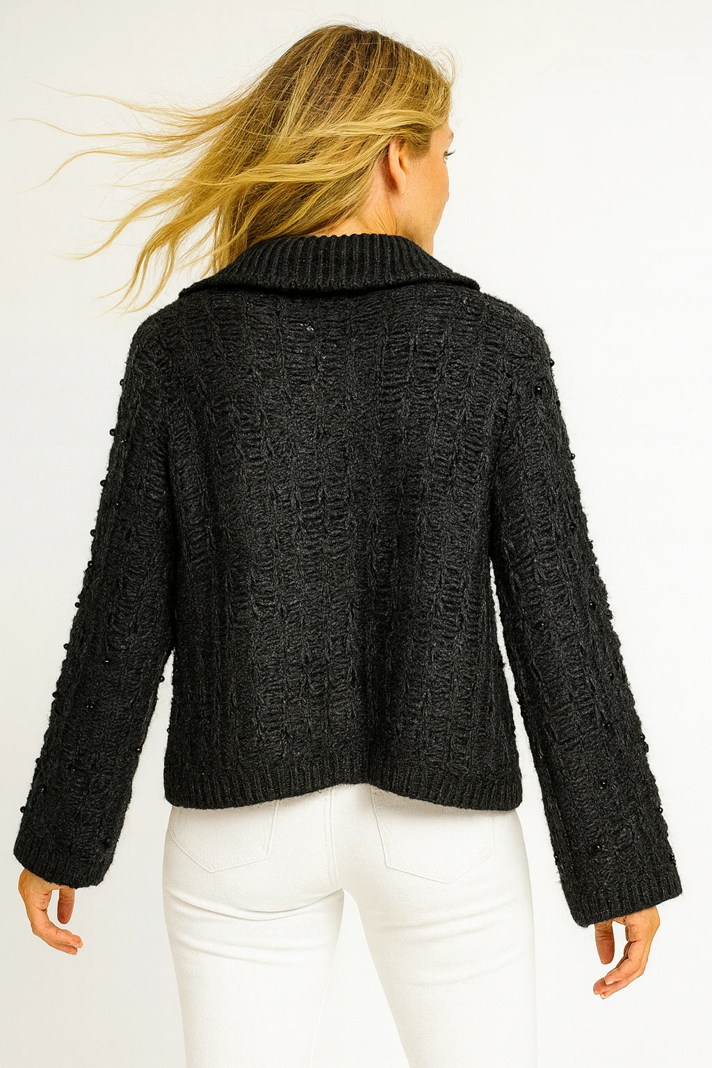 İtalyan İnci Detaylı Tasarım Hırka - SİYAH