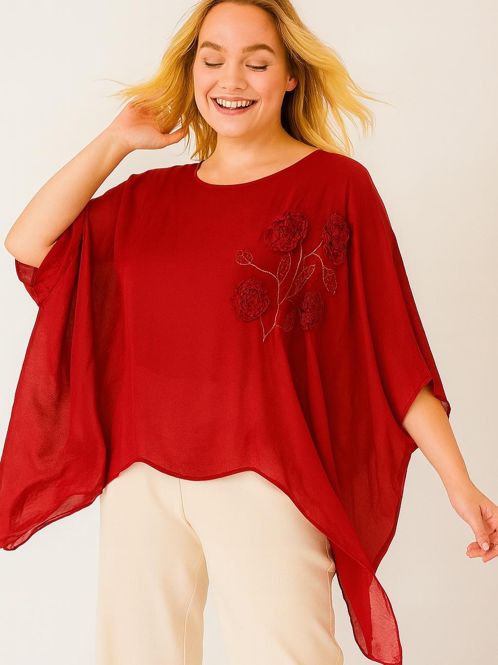 İtalyan Nakış Detaylı İpek Bluz - KIRMIZI