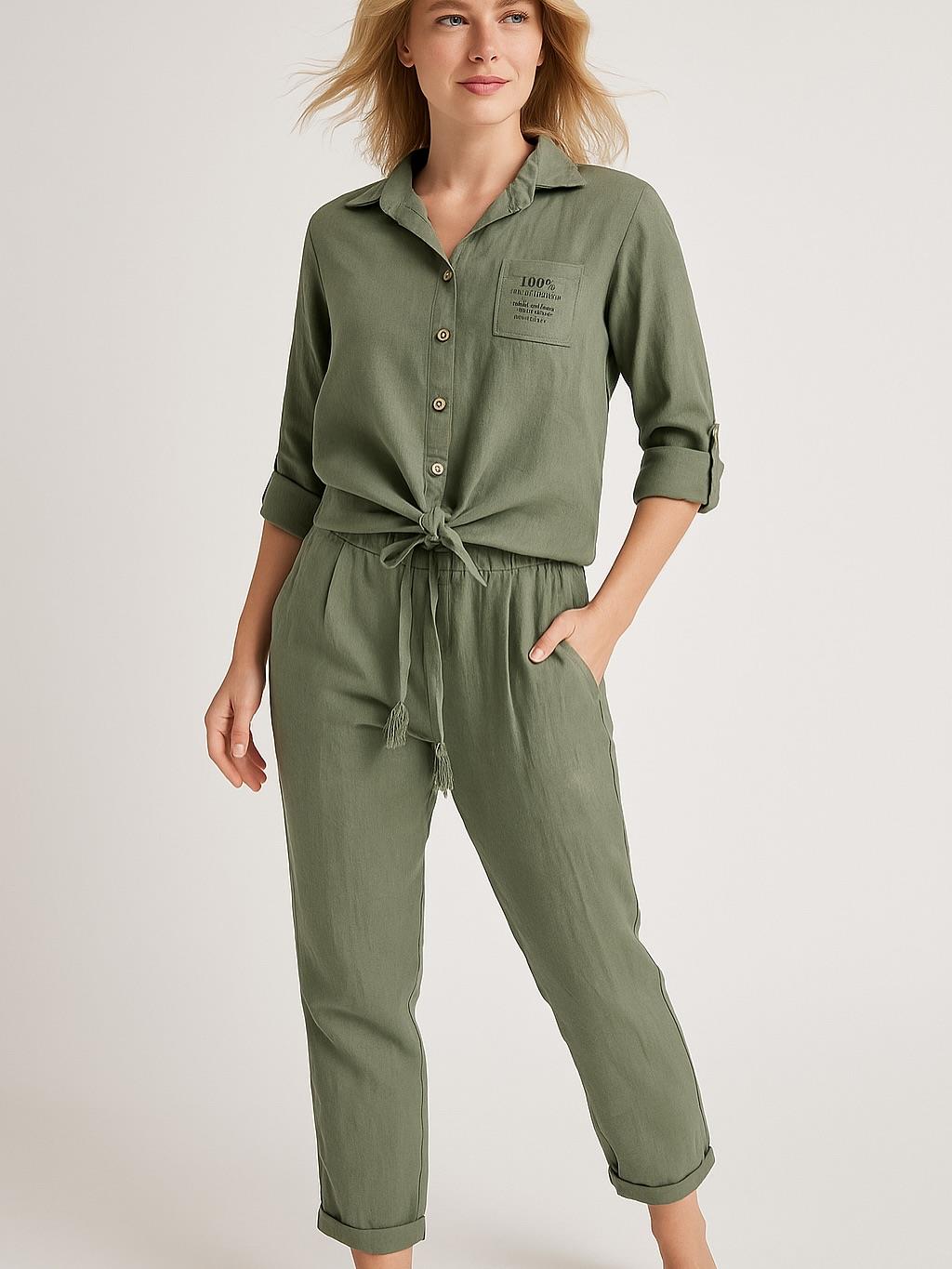 İtalyan Önden Bağlamalı Keten Takım - HAKİ