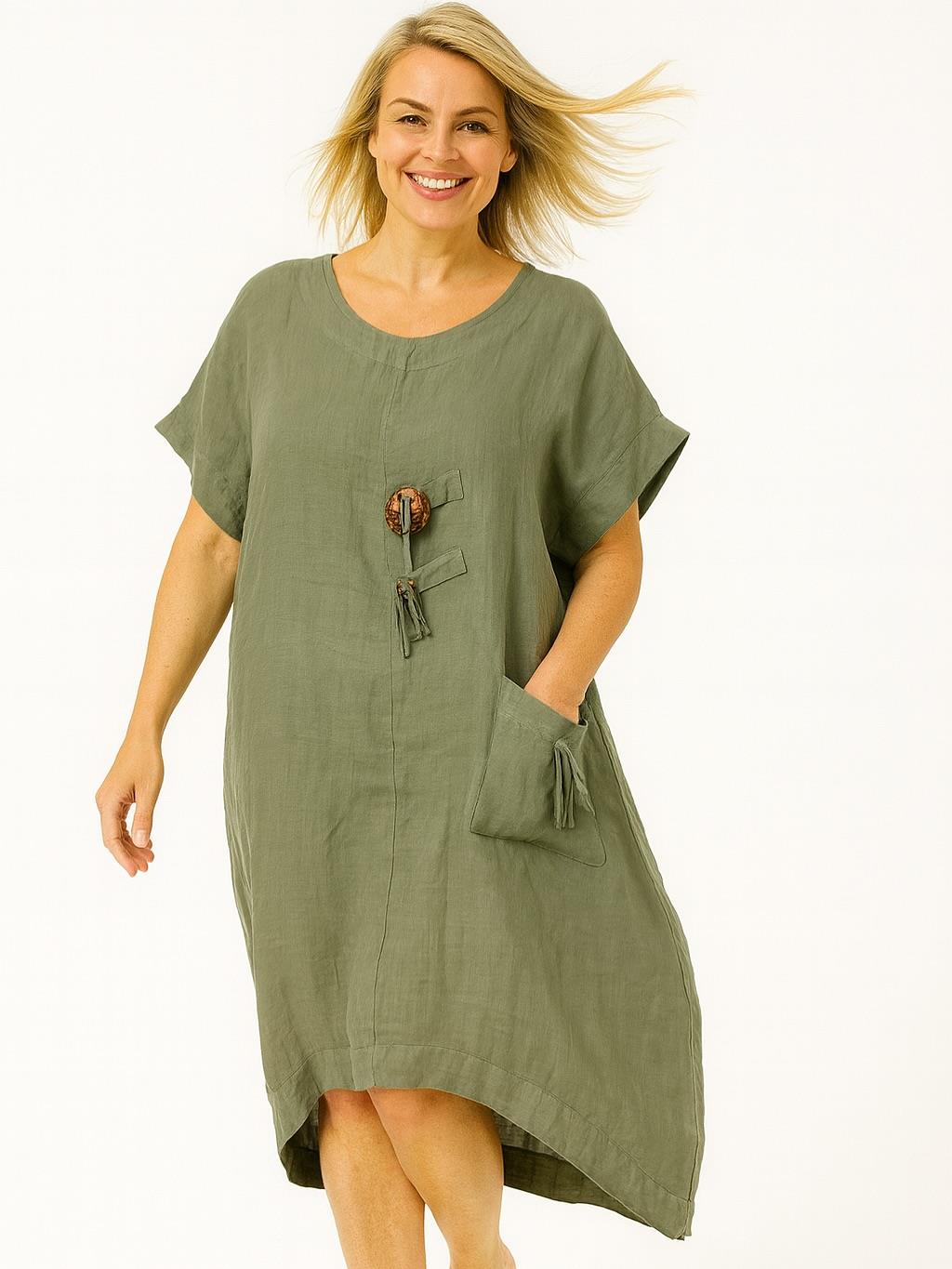 İtalyan Keten Toka Detaylı Elbise - HAKİ