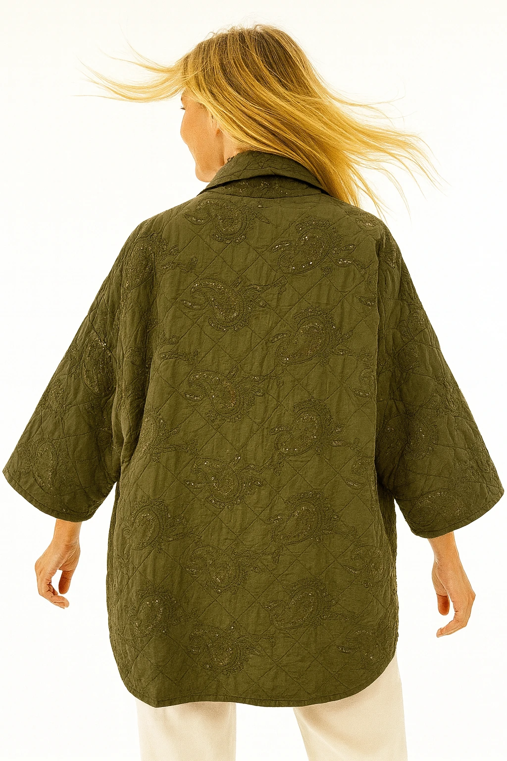 İtalyan Nakışlı Pul Payetli Kapitone Ceket - HAKİ