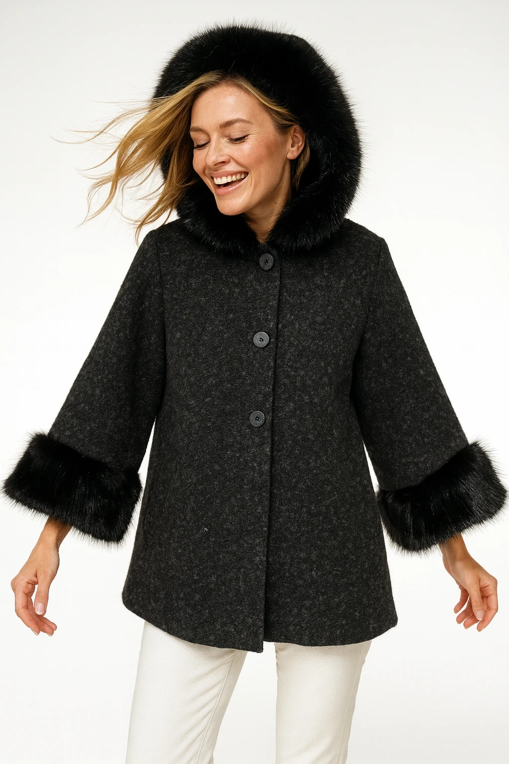 İtalyan Kürk Detaylı Keçe Kaban - SİYAH