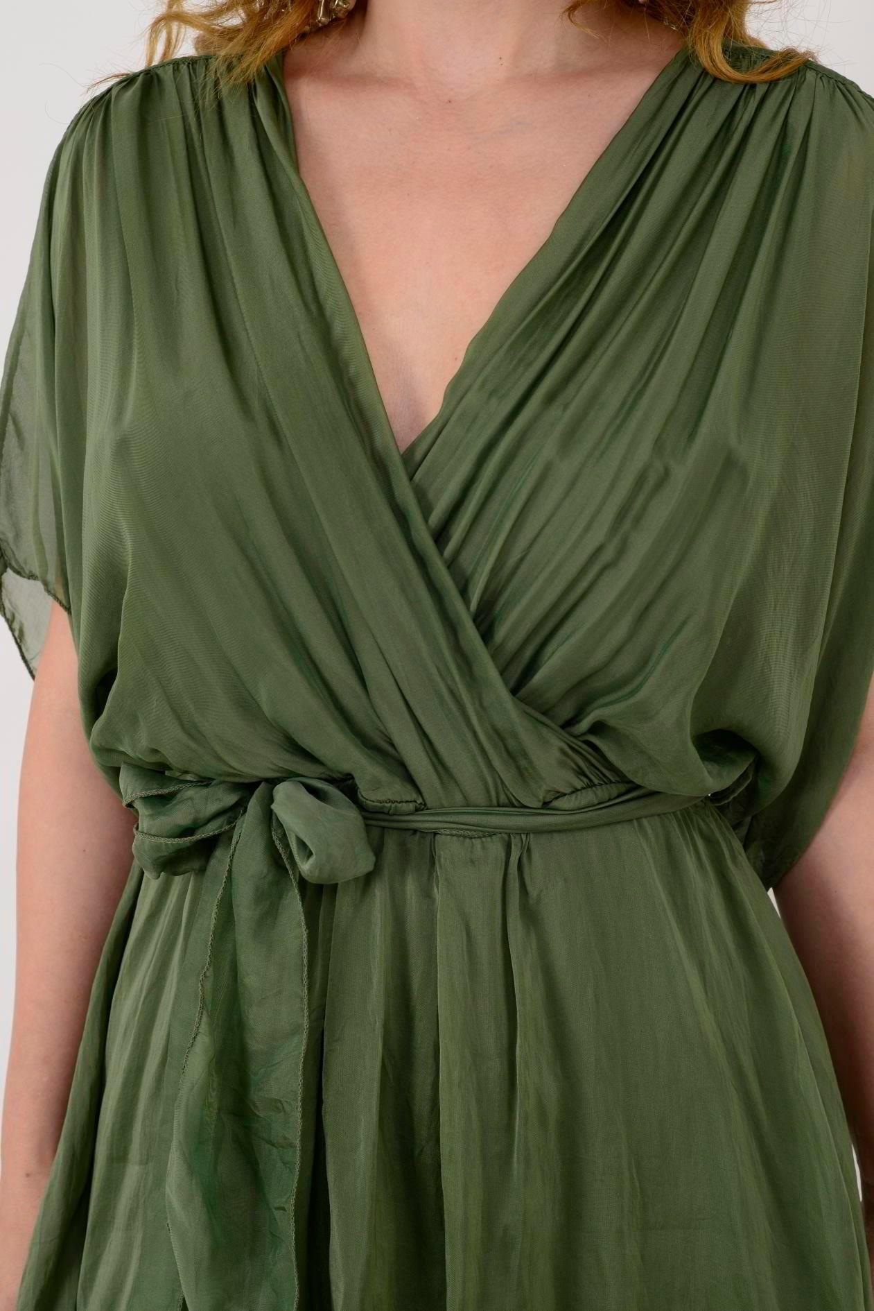 İtalyan İpek Belden Bağlamalı Elbise - HAKİ