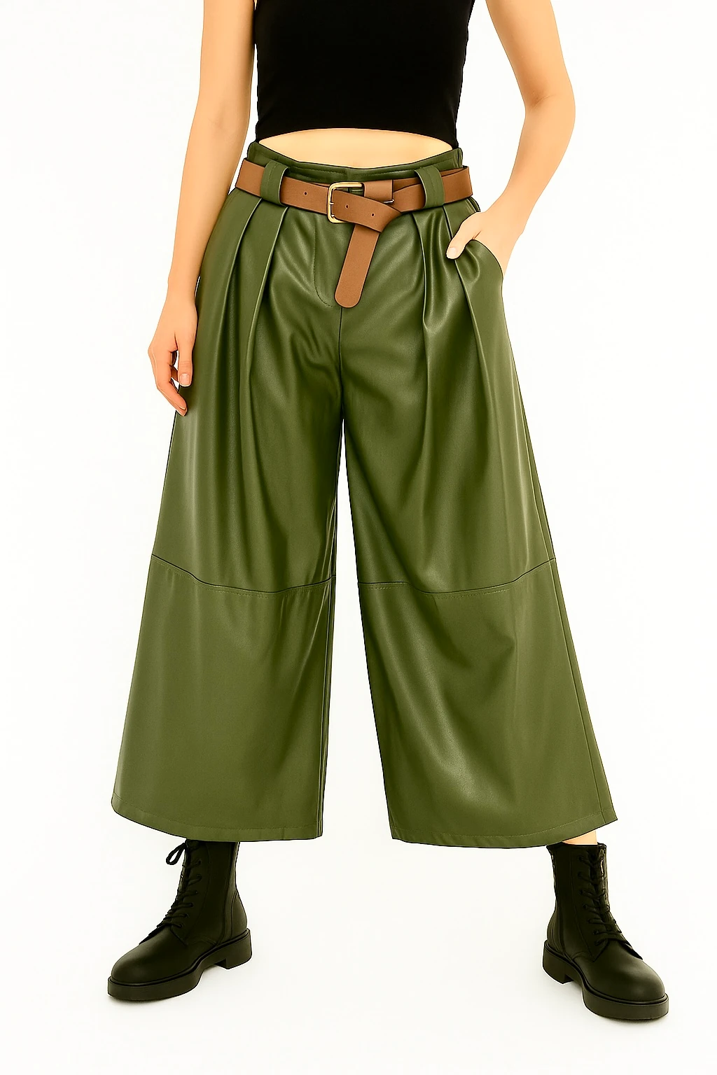 İtalyan Geniş Paça Deri Pantolon - YEŞİL