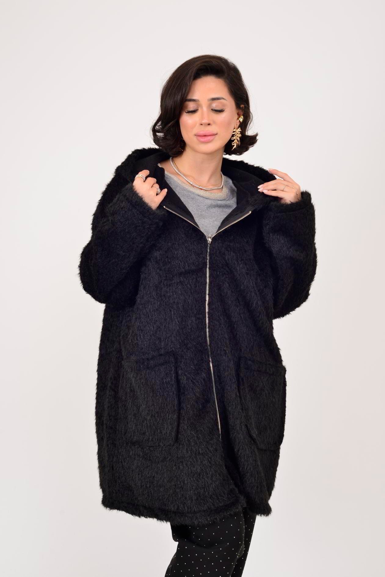 İtalyan Kapüşonlu Keçe Kaban - SİYAH