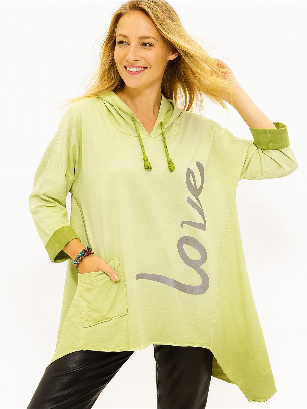 İtalyan Yazı Detaylı Nubuk Bluz - AÇIK YEŞİL