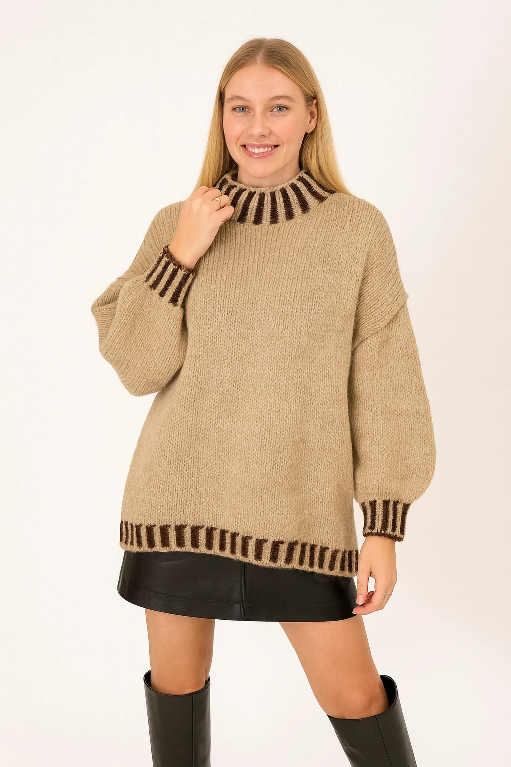 İtalyan Balıkçı Yaka Kazak - BEJ