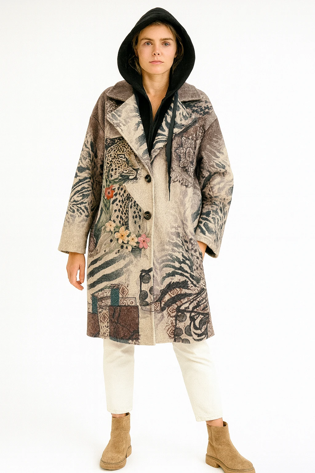 İtalyan Leopar Desenli Kapüşonlu Keçe Kaban - BEJ