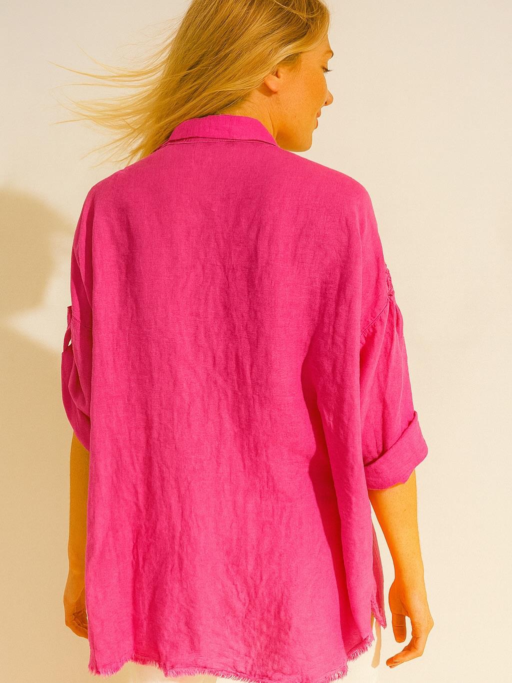 İtalyan Keten Dantel Detaylı Gömlek - FUŞYA