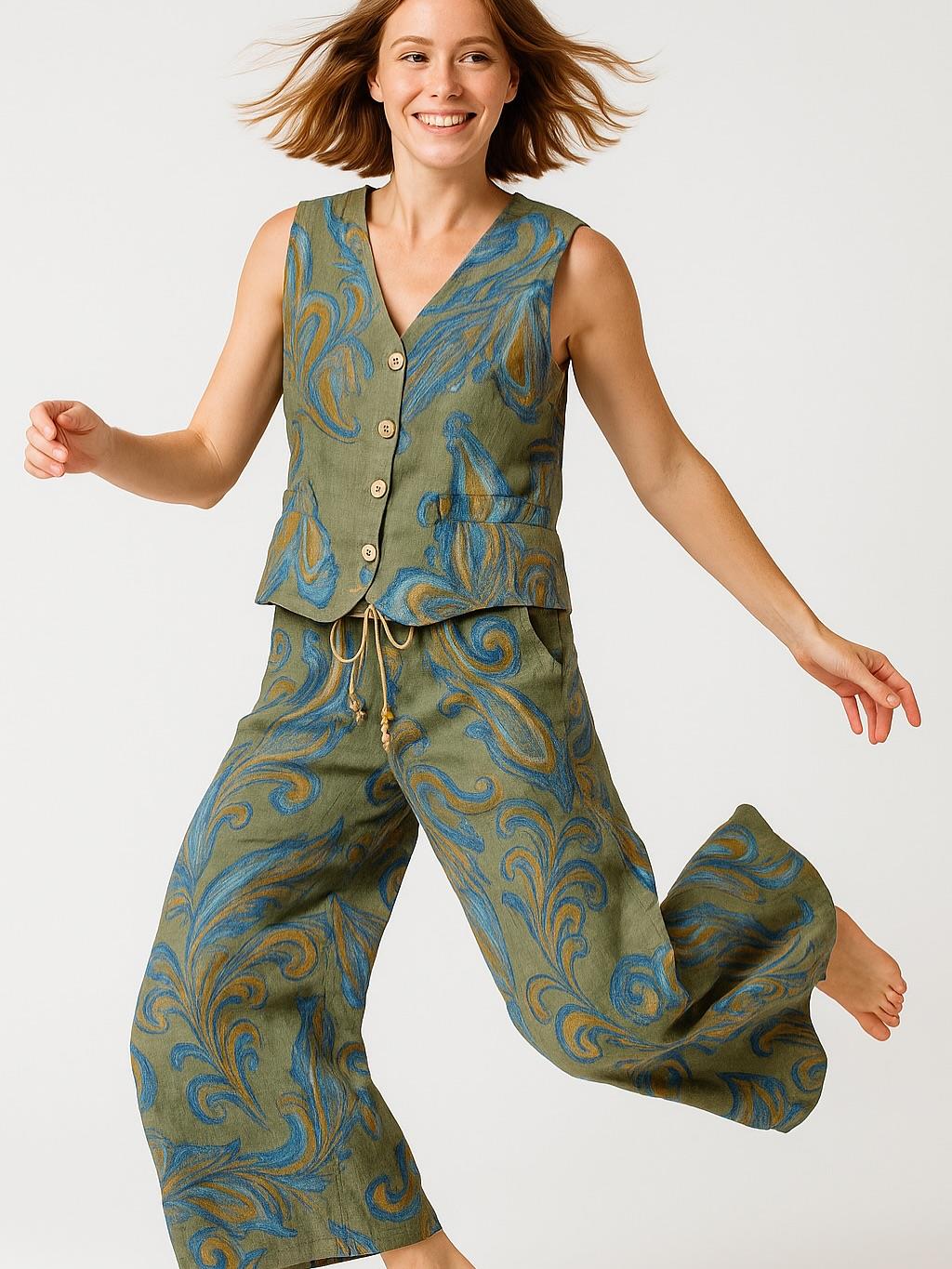 İtalyan Keten Yelek Takım - HAKİ