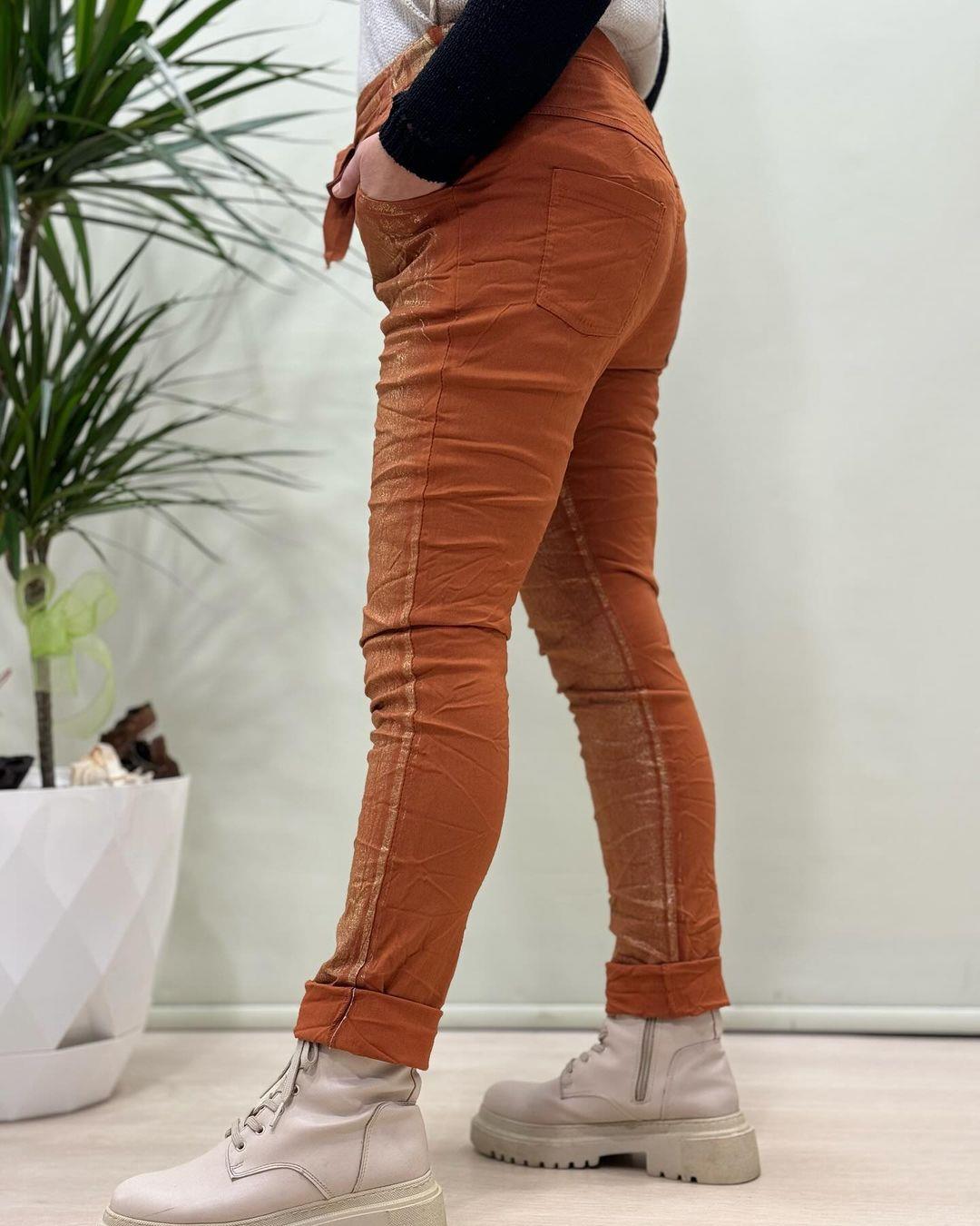 İtalyan Varak Baskılı Likralı Pantolon - TUĞLA