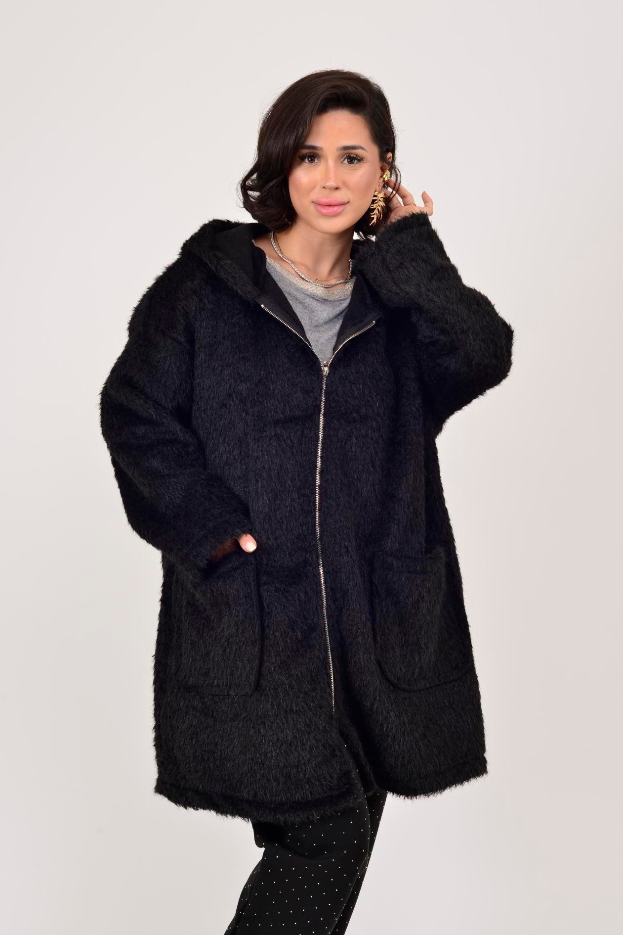 İtalyan Kapüşonlu Keçe Kaban - SİYAH