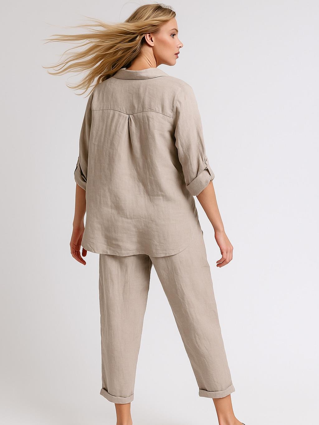 İtalyan Önden Bağlamalı Keten Takım - BEJ
