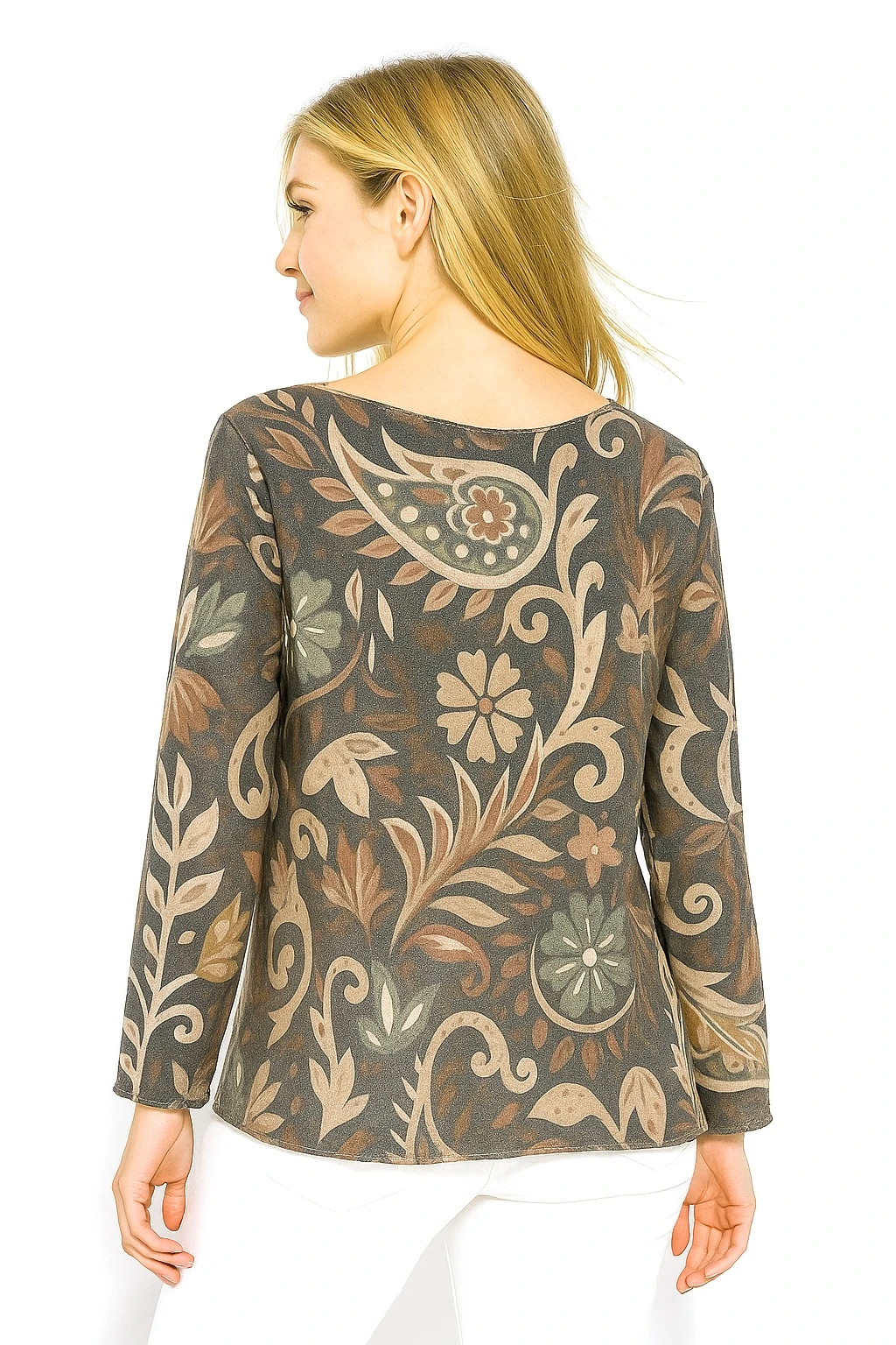 İtalyan Yaprak Desenli Geniş Yaka Triko Bluz - VİZON