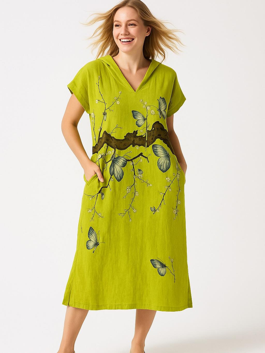 İtalyan Keten Kapüşon Detaylı Elbise - YEŞİL