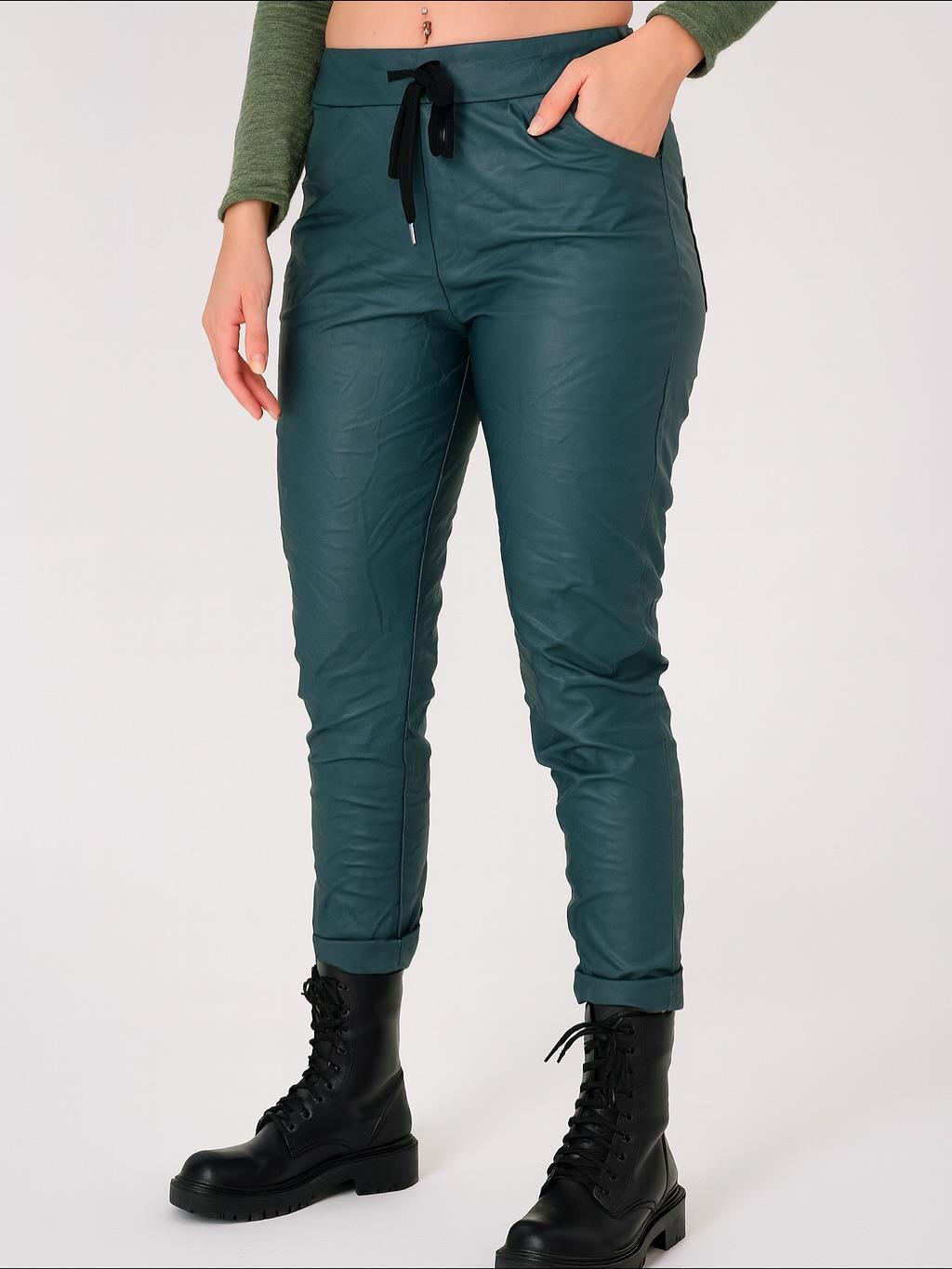 İtalyan Likralı Deri Pantolon - PETROL YEŞİLİ