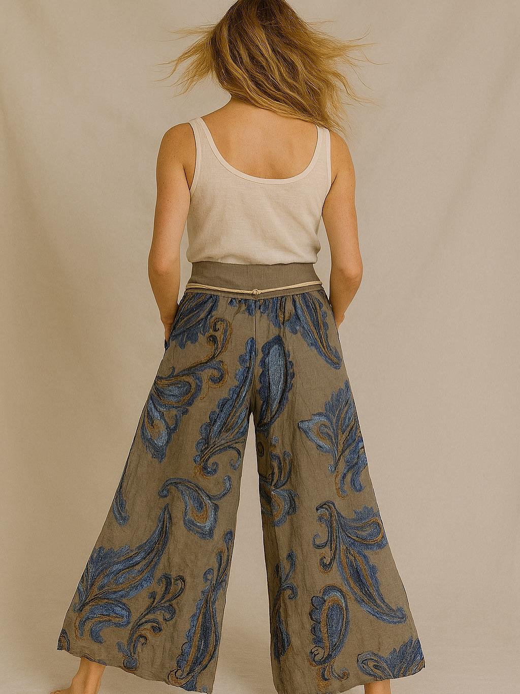 İtalyan Çiçek Desenli Keten Pantolon - VİZON