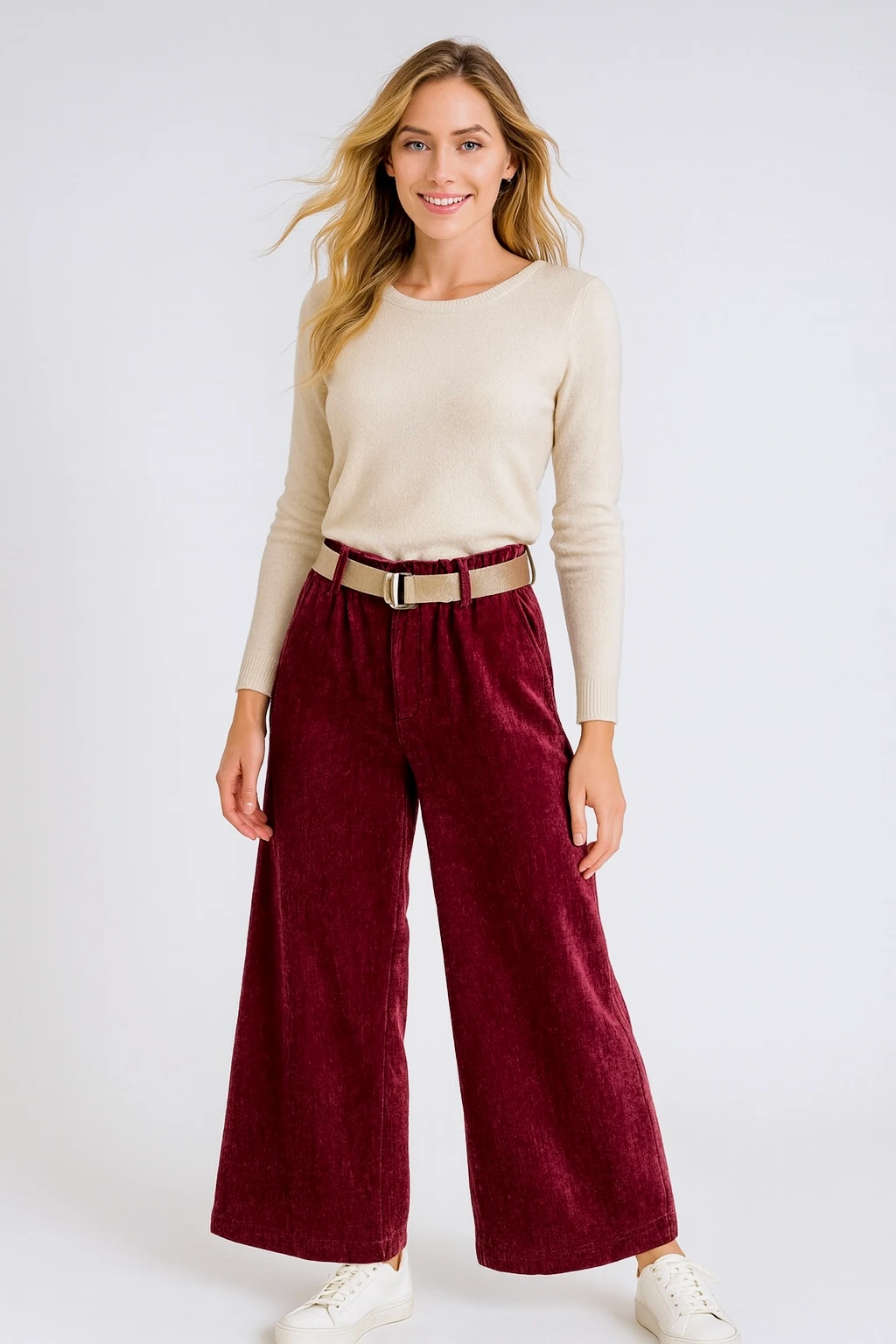 İtalyan Kadife Boru Paça Kemerli Pantolon - BORDO