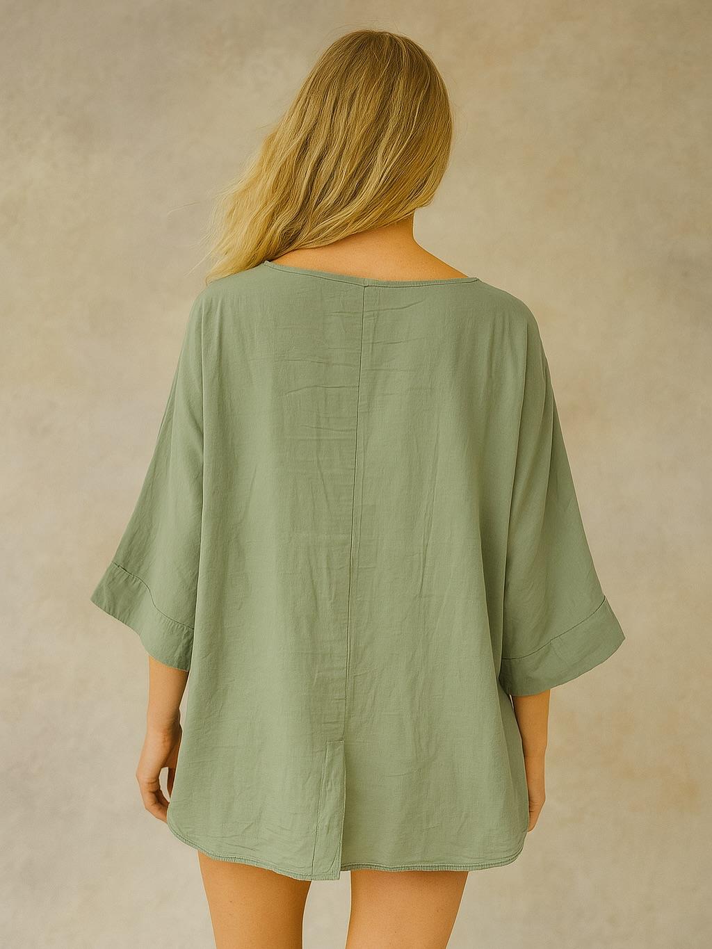 İtalyan Vual Pamuklu Kumaş Önden Bağlamalı Bluz - HAKİ