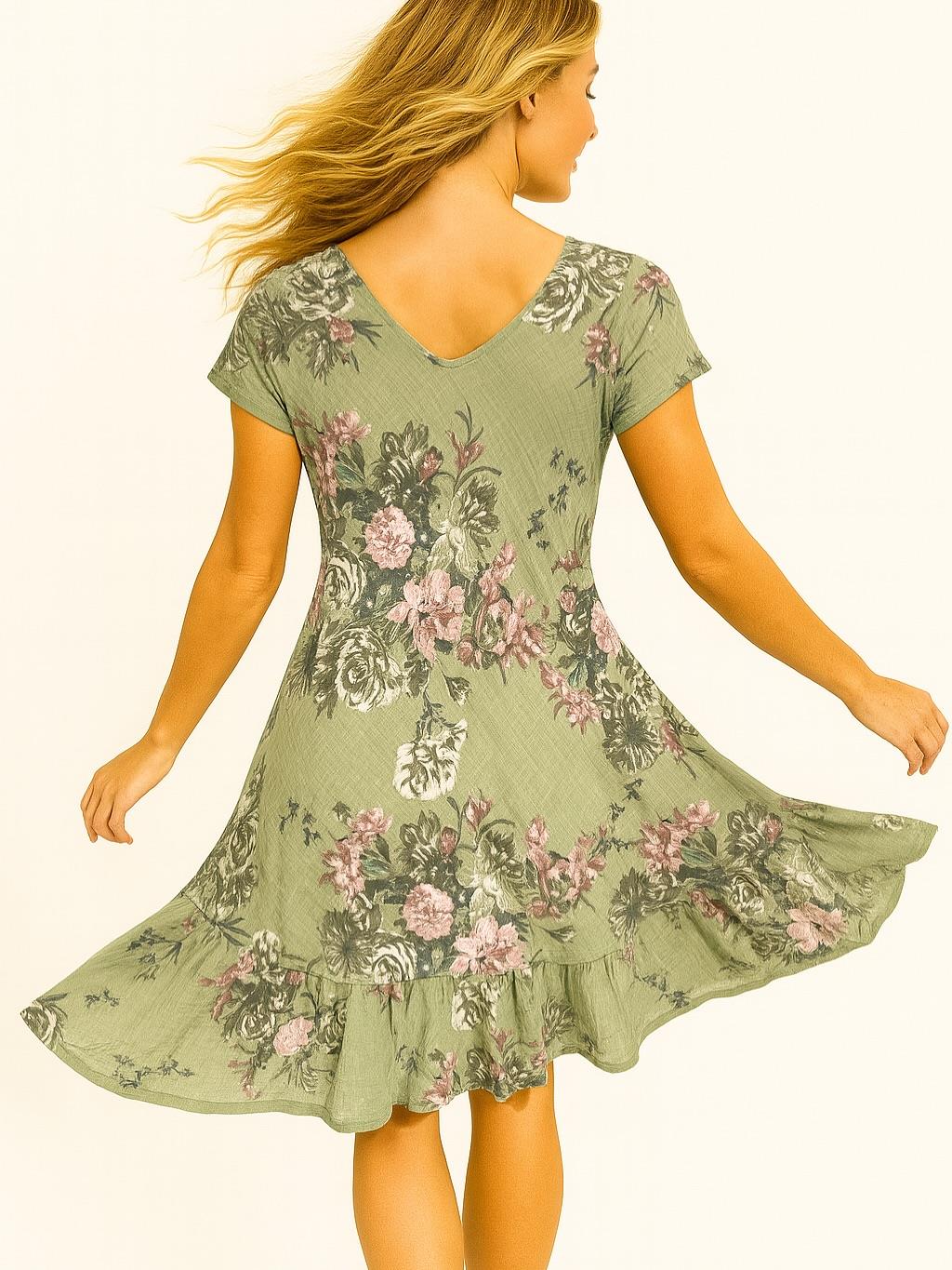 İtalyan Pamuk Keten Elbise - HAKİ